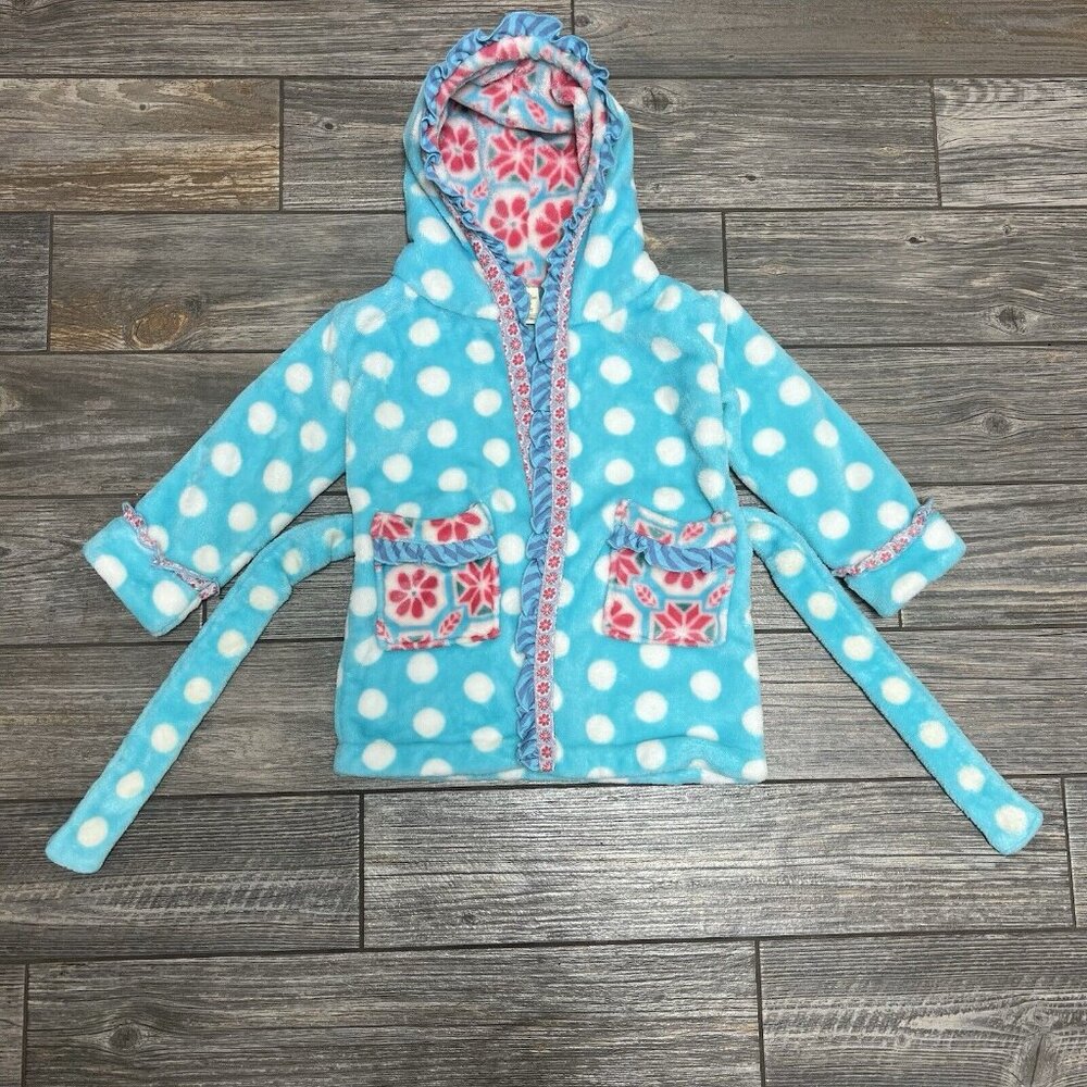 Matilda Jane Robe Girls Size XS Plush Belted Hooded Polka Dot Floral Pockets 4 5 - Picture 3 of 12